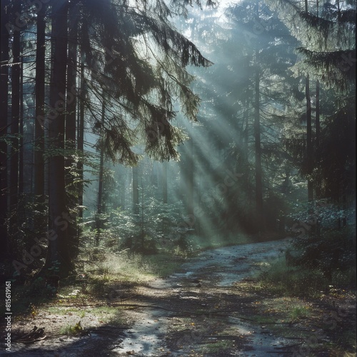 Tree In Forest. Sunlight Filtering Through Dark Woods Along Road