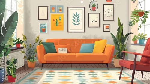   Assistant  ..Bright living room interior with comfortable orange couch  stylish furniture  and many plants.