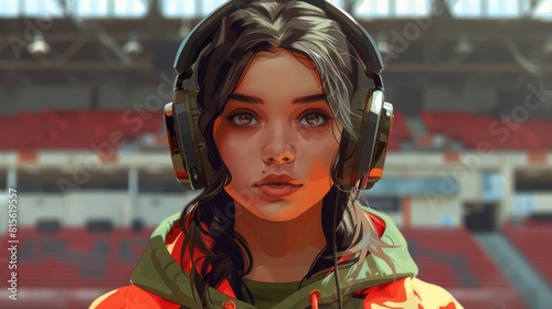 Illustration of a young woman in a sweatshirt wearing headphones, standing in a stadium. photo