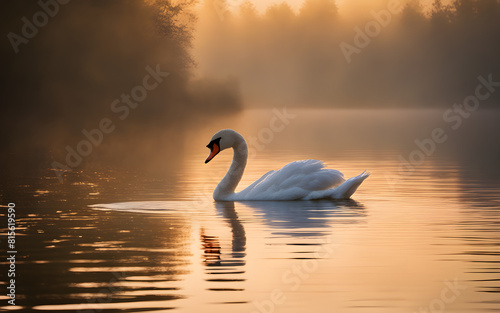 Elegant swan on a misty lake