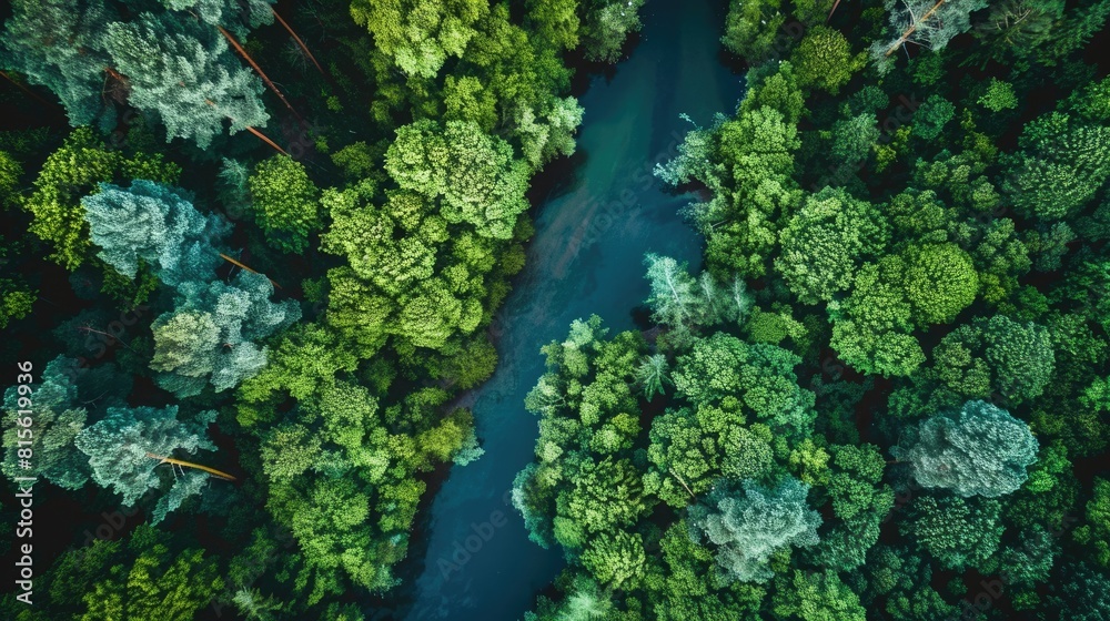 Trees River: Aerial View of Green Summer Forest and River from Above Trees River: Aerial View of Green Summer Forest and River from Above
