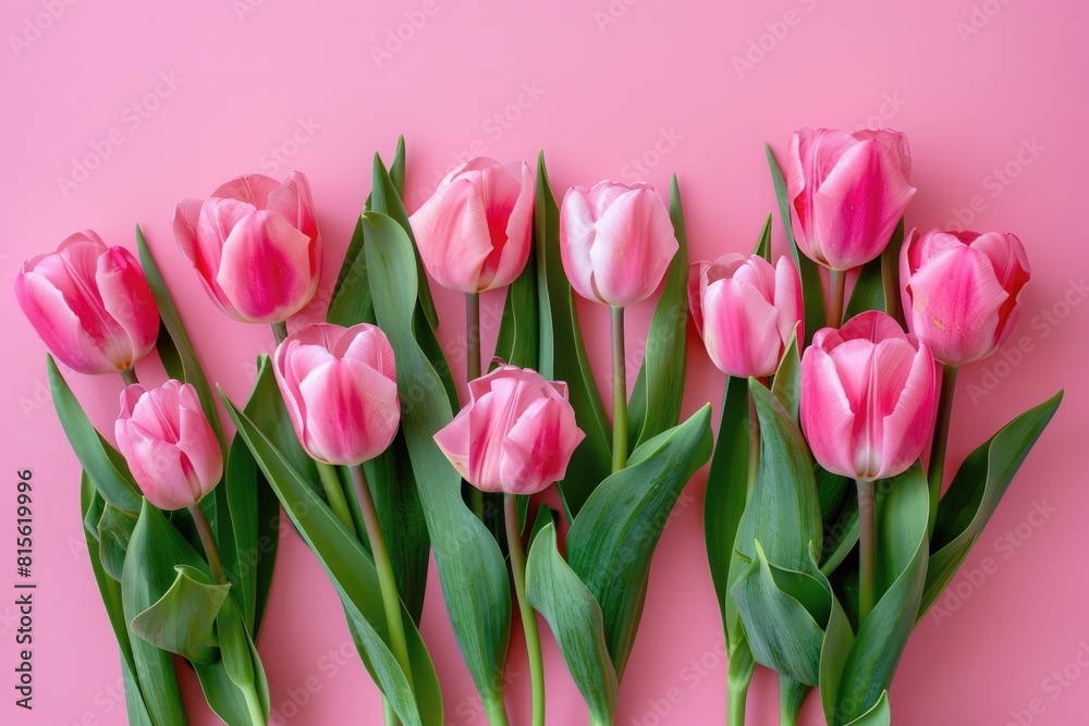 Flowers On Pink. Beautiful Bouquet of Pink Tulips on Pastel Background for Valentine's Day, Easter Flowers On Pink. Beautiful Bouquet of Pink Tulips on Pastel Background for Valentine's Day, Easter