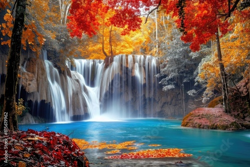 Colorful Nature. Amazing Waterfall in Autumn Forest Landscape © Popelniushka