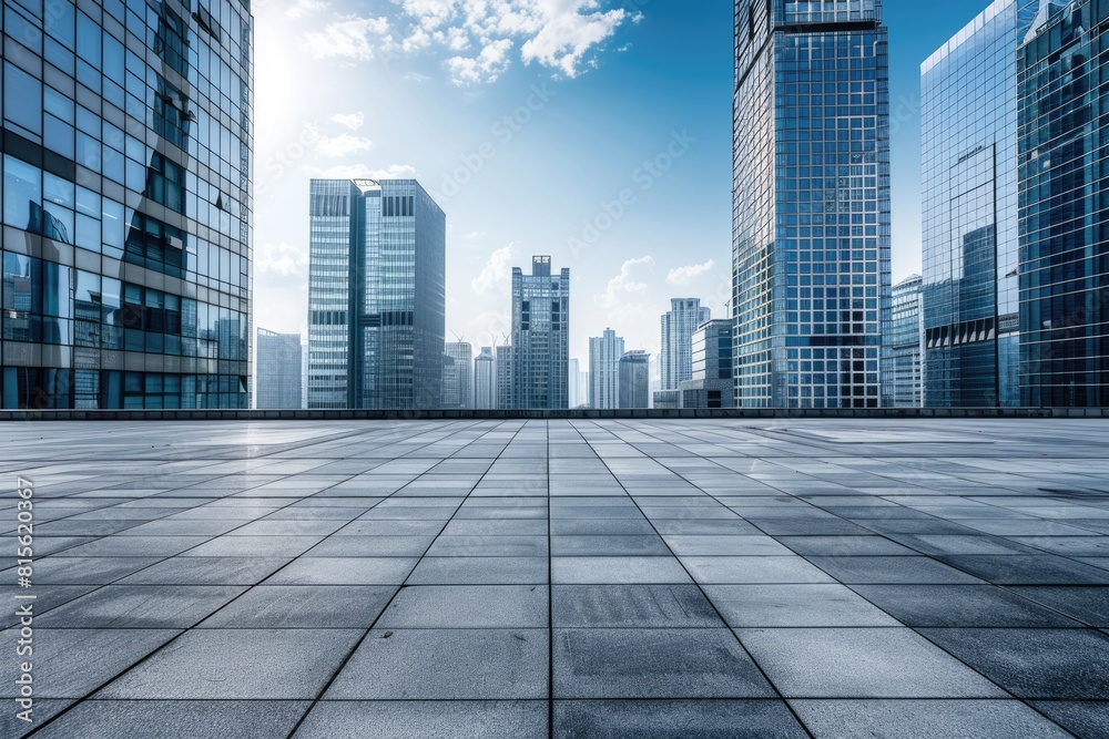City Street Buildings. Panoramic City Skyline with Modern Business Office Buildings and Empty Road City Street Buildings. Panoramic City Skyline with Modern Business Office Buildings and Empty Road
