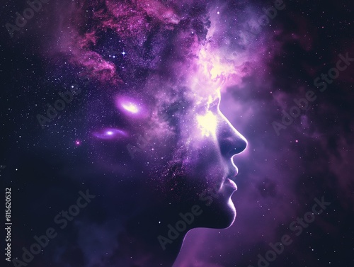 Silhouette of a human profile set against a vivid cosmic background  symbolizing deep thought and the universe within.