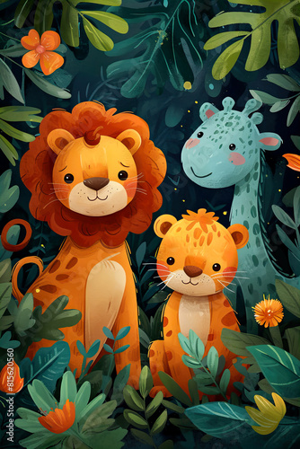 Funny cute animals in wild nature. Cartoon animal characters for wall art print  poster  banner and children books. Art drawing children s animals.