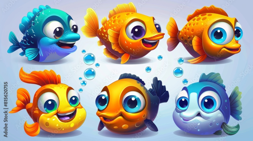 A set of sea fish in the middle of a tropical aquarium with colorful animals, including Goldfish, Piranha, clowns, puffers, and cartoon animals for computer games, including cartoon goldfish, A set of sea fish in the middle of a tropical aquarium with colorful animals, including Goldfish, Piranha, clowns, puffers, and cartoon animals for computer games, including cartoon goldfish,
