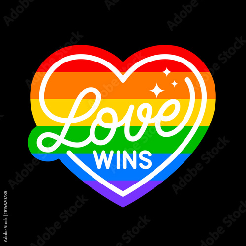 Love wins typography design with heart and rainbow striped background. Pride month celebration badges design.