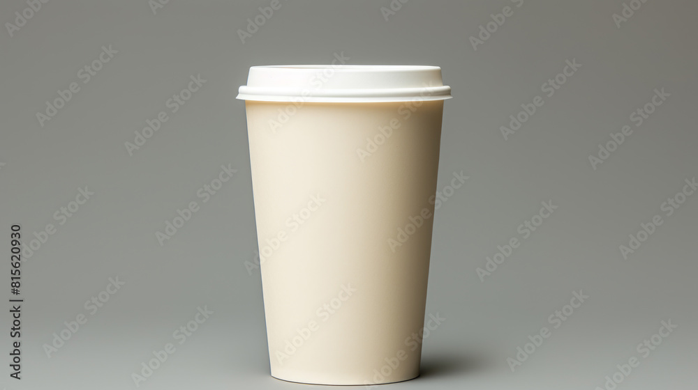 White paper cup of coffee on a grey background. Space for text or design. White paper cup of coffee on a grey background. Space for text or design.