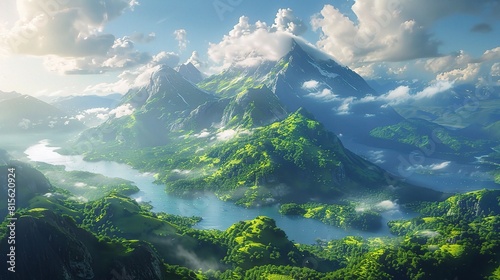 A misty morning landscape unveils snow-capped peaks peeking through clouds in a lush mountain valley