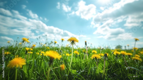 Nature Meadow. Green Grass and Yellow Dandelion Flowers in Spring Meadow © Popelniushka