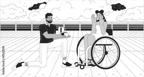 Getting engaged black and white line illustration. Black man proposing to wheelchaired latina woman 2D characters monochrome background. Happy life with disability outline scene vector image