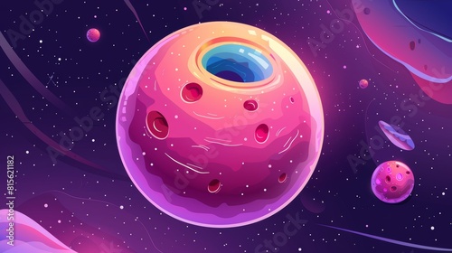 An outer space planet with donuts. Funny modern cartoon illustration of glazed cake texture in the cosmos. Illustration for a video game about tasty planets in the cosmos.