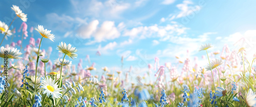 A field filled with colorful flowers under a clear blue sky on a sunny day