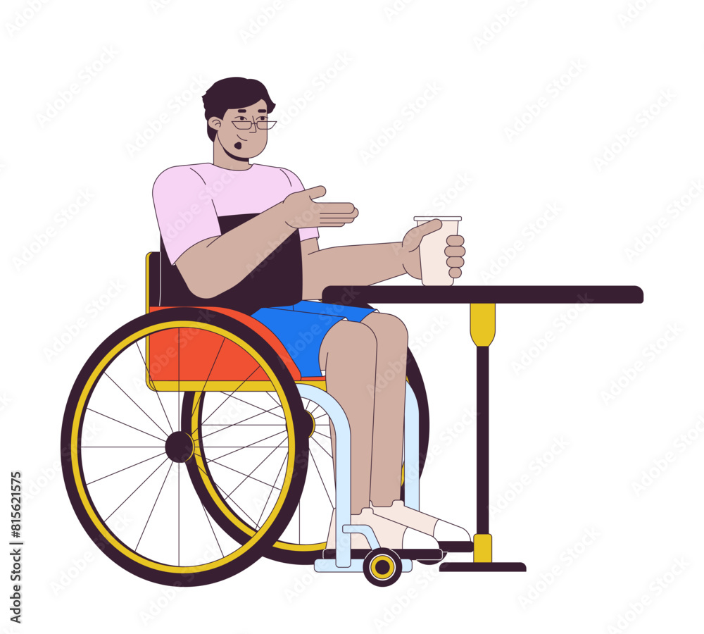 Disabled arab man at cafe table 2D linear cartoon character. Middle eastern male in wheelchair isolated line vector person white background. Accessibility support color flat spot illustration Disabled arab man at cafe table 2D linear cartoon character. Middle eastern male in wheelchair isolated line vector person white background. Accessibility support color flat spot illustration