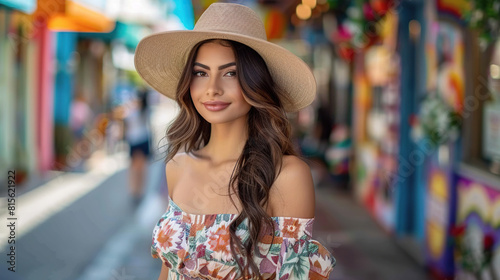Beautiful attractive Mexican young woman walking in a Mexican city. Generative AI © 沈军 贡