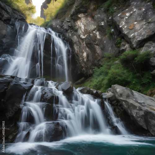 A crystal clear waterfall cascading down a rocky cliff  the water splashing against the rocks in a satisfying rhythm
