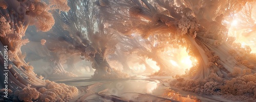 An alien landscape with a glowing lake and strange trees made of crystal photo