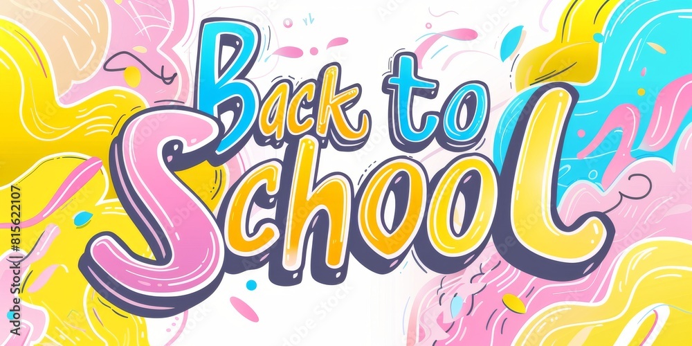 Bright and Playful 'Back to School' Typography Design with Colorful Swirls and Splatters on White Background