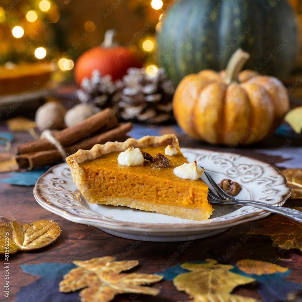 Delicious piece of pumpkin pie served on a white plate, surrounded by vibrant fall foliage Delicious piece of pumpkin pie served on a white plate, surrounded by vibrant fall foliage