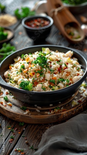 Yummy delicious rice with chicken and vegetables. ai generated