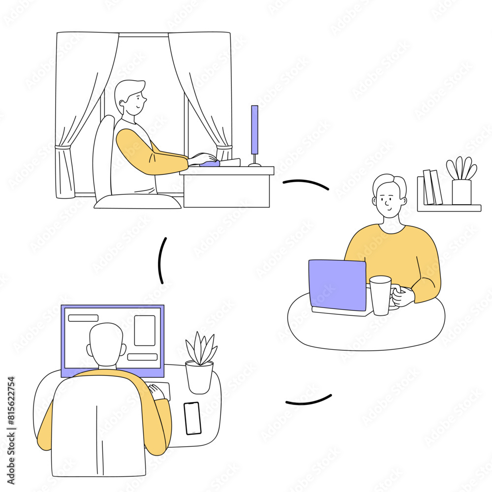 Work from home. People work in team from different locations remotely. Flat vector illustration with outline. Work from home. People work in team from different locations remotely. Flat vector illustration with outline.
