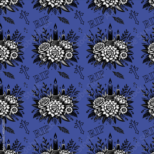 seamless pattern with funeral candles and flowers, vector illustration
