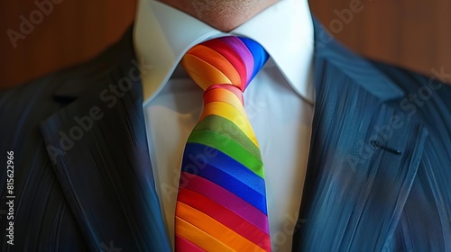 Closeup of a rainbow tie worn by a businessman at a formal corporate event, elegant and statementmaking photo