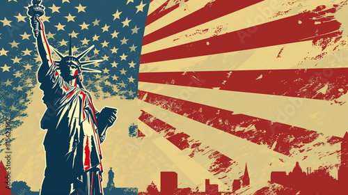 Statue of liberty with an american flag in old retro vintage grunge. Scratched, damaged, dirty effect background illustration. independence day, veterans day, memorial day, patriotism background. 