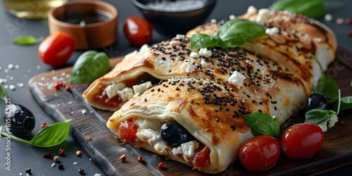 Savor a Mediterranean calzone bursting with feta olives tomatoes and basil. Concept Mediterranean Cuisine, Calzone Recipe, Feta Cheese, Olives, Tomatoes, Basil photo