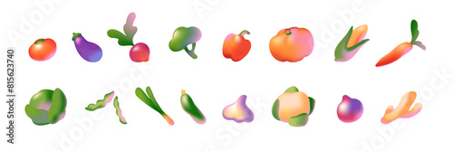 Different abstract vegetables of gradient style set. Healthy natural food of farm. Coloured pumpkin, cucumber, greens, carrot, cabbage, broccoli. Flat isolated vector illustrations on white background