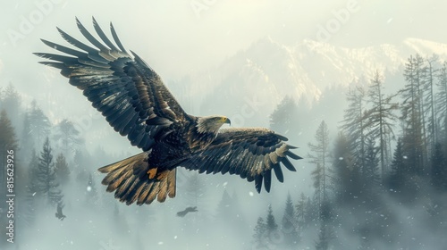 Artistic images of soaring eagles doubling with mountain ranges which is a symbol of freedom