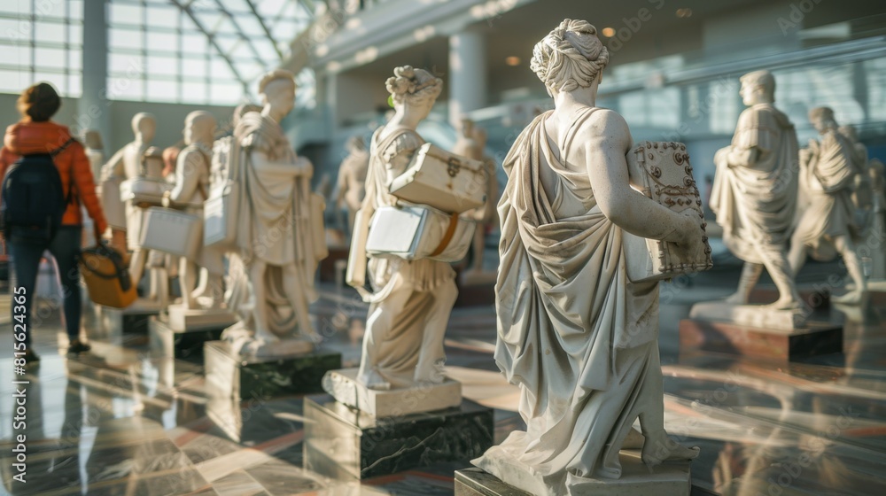 Fototapeta premium Old statues from ancient Greece and Rome are shown as if they're carrying luggage, like they're travelers at the airport
