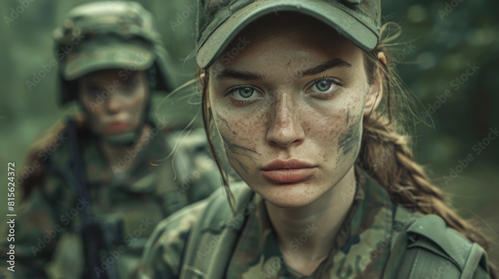 Diverse Female Soldiers Standing in Formation in a Forest Setting. Generative ai. Diverse Female Soldiers Standing in Formation in a Forest Setting. Generative ai.