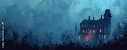 A haunted mansion engulfed in fog, with crumbling walls and shadowy corridors concealing the restless spirits that haunt its halls. illustration.
