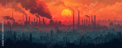 A dystopian megacity engulfed in perpetual smog, where towering smokestacks and industrial complexes blot out the sun, casting a pall over the bleak urban landscape.   illustration. photo