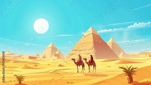 The sky is full of hot sun rays and two men are hugging a camel in the Egyptian desert with pyramids. Modern cartoon illustration of landscape with arabic bedouins  yellow sand dunes and ancient