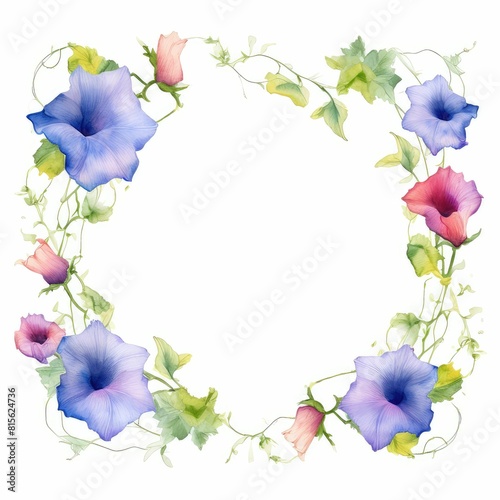 morning glory themed frame or border for photos and text. trumpet-shaped flowers in various colors. watercolor illustration  blooming floral for wedding invitations and greeting card design.