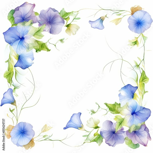 Fototapeta Naklejka Na Ścianę i Meble -  morning glory themed frame or border for photos and text. trumpet-shaped flowers in various colors. watercolor illustration, blooming floral for wedding invitations and greeting card design.