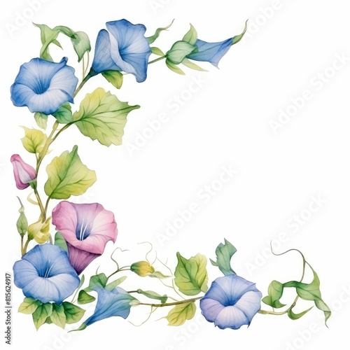 morning glory themed frame or border for photos and text. trumpet-shaped flowers in various colors. watercolor illustration, blooming floral for wedding invitations and greeting card design.