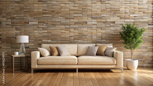 minimalist Beige sofa on hardwood floor near stone cladding wall. Minimalist style home interior design of modern living room. Created with generative A