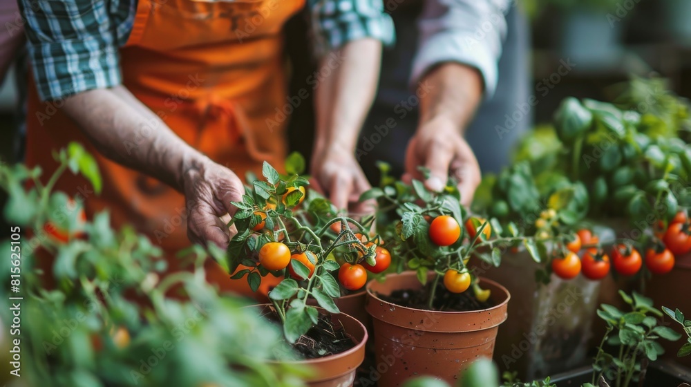 Fototapeta premium Close-up of Seniors Hands Planting small tomatos, taking care of home plants and herbs. Generative ai
