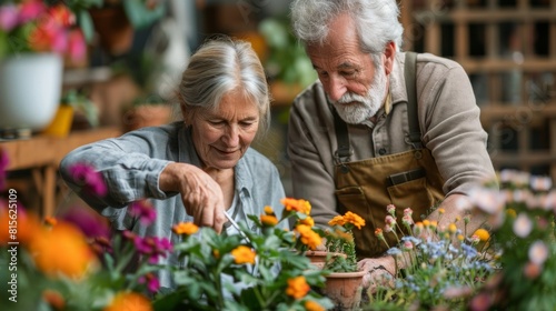 Elderly Couple Seniors Gardening Together in Vibrant Flower Garden. Generative ai