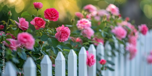 Wild pink roses growing on a white picket fence with flower garden showing through illustration