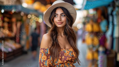 Beautiful attractive Mexican young woman walking in a Mexican city. Generative AI