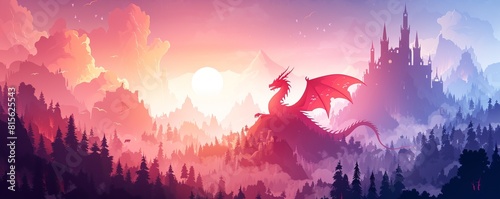 A mythical realm where dragons soar through the skies and knights embark on epic quests, set against a backdrop of towering castles and enchanted forests. illustration.
