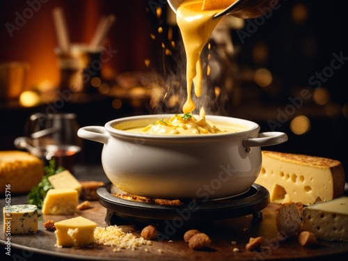 Cheese fondue, with Swiss cheese, Gruyère, and white wine. Delicious served with cubes of bread, baby potatoes, or veggies