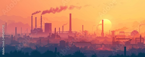 An industrial dystopia filled with towering smokestacks and rusting factories  where the air is thick with pollution and the sky is obscured by smog.   illustration.