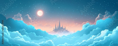 A celestial city floating amidst the clouds, its shimmering spires reaching towards the heavens in a testament to human ingenuity.   illustration. photo
