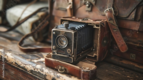 This is a photograph of a vintage camera. The camera is made of brown leather and has a large lens. It is sitting on a wooden table.